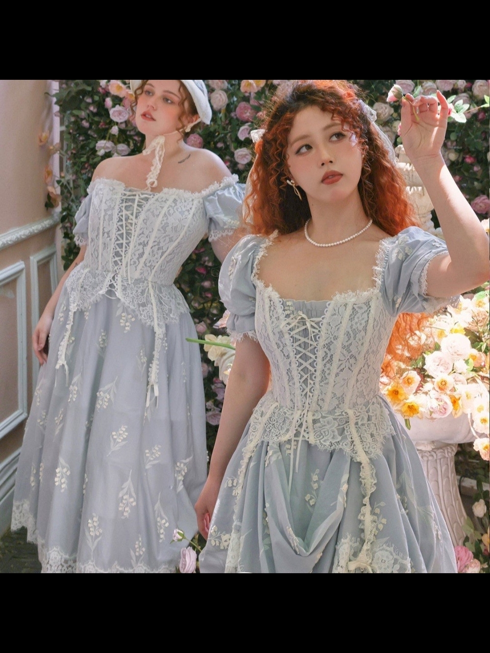 Lacemade Vintage-Inspired Lace Corset Midi Dress in Light Blue
